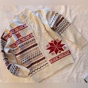 American Eagle Outfitters Cream and Red Patterned  Mixed Stitch Sweater M